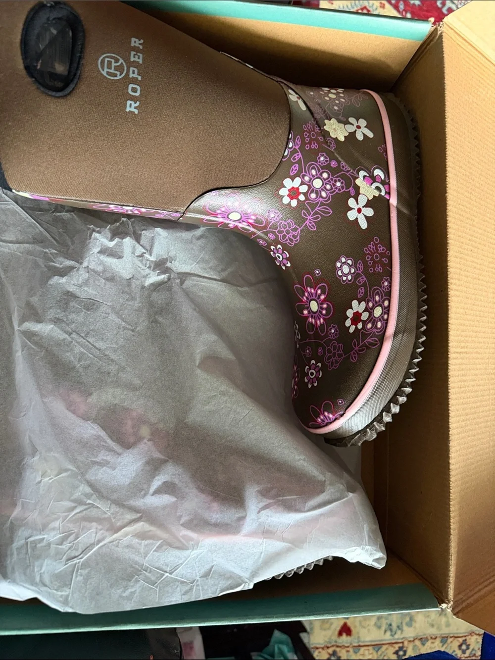 Roper Brown Rain Boots with Pink Floral Print